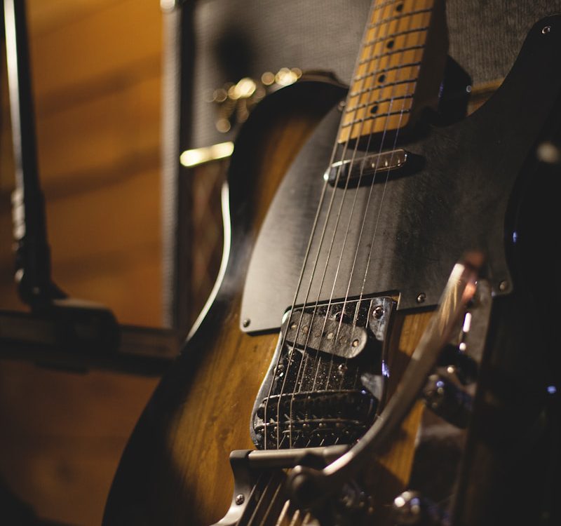 shallow focus photo of black and brown electric guitar